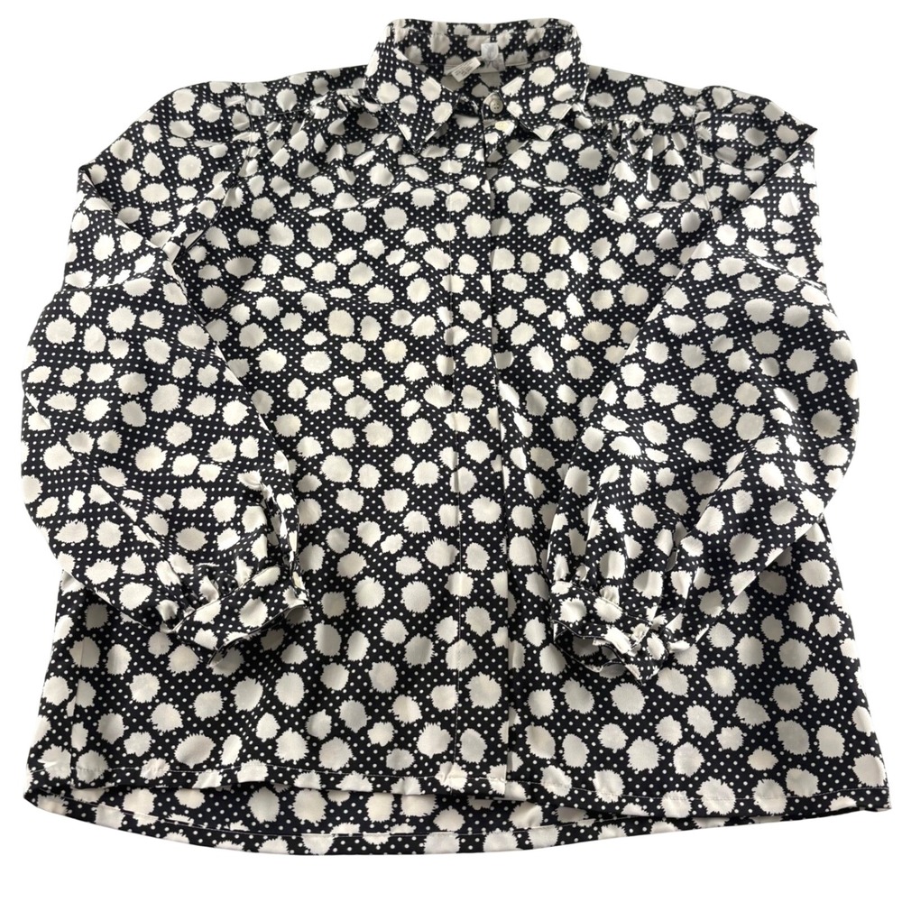 Vintage Devon Black White Abstract Polka Dot Button Down Blouse Top Size 12